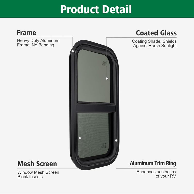 Dulepax Vertical RV Window, 18" W x 15" H Tinted Slide Trailer Window, Tempered Glass Camper Window Replacement with Net Screen and Trim Ring, DOT Approved - Image 3